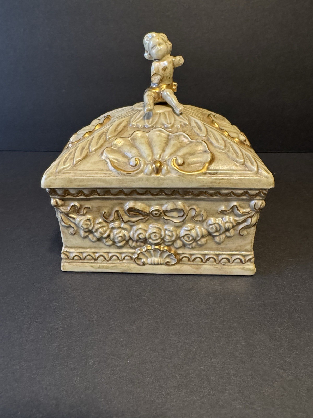Vintage 1964 Hand Painted Ceramic Cherub Jewelry Trinket Box Ivory Gold Decor Vintage 1964 Hand Painted Ceramic Cherub Jewelry Trinket Box Ivory Gold Decor