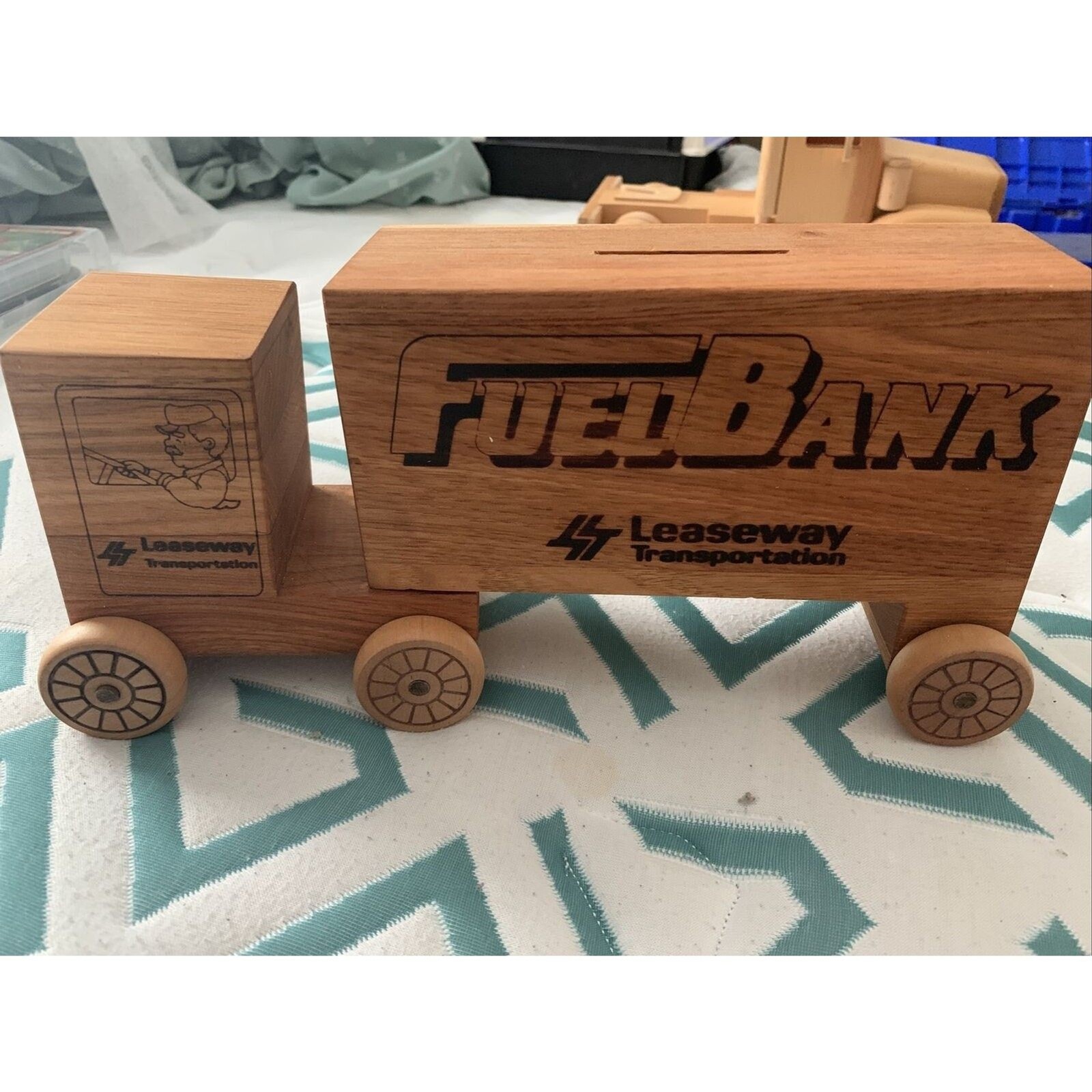 Vintage 1986 Leaseway Transportation Logomobile Wooden Coin Bank Truck