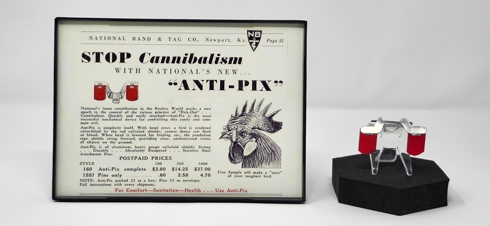 Vtg. Pair of National Band & Tag Co. Red Chicken Glasses Anti Pix W/ Framed Ad Vtg. Pair of National Band & Tag Co. Red Chicken Glasses Anti Pix W/ Framed Ad