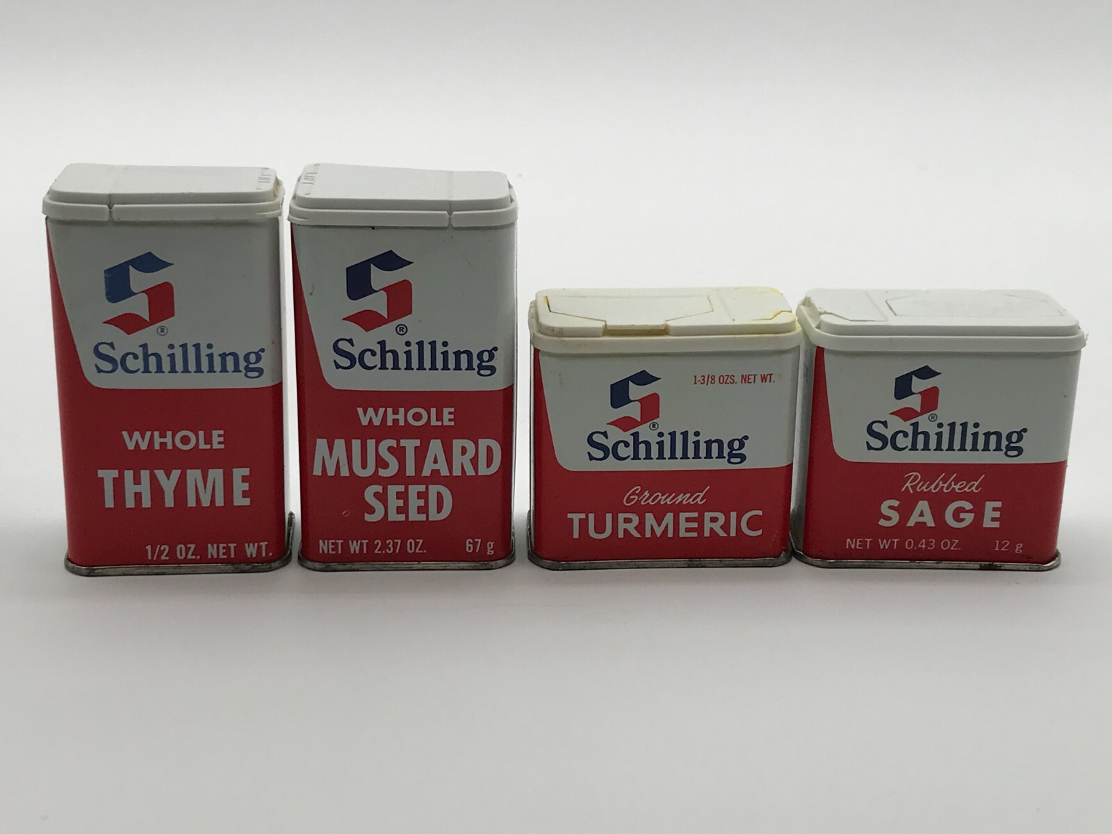 Vintage 1970s Schilling Metal Spice Tins Lot of 4 Sage Thyme Mustard Turmeric 19