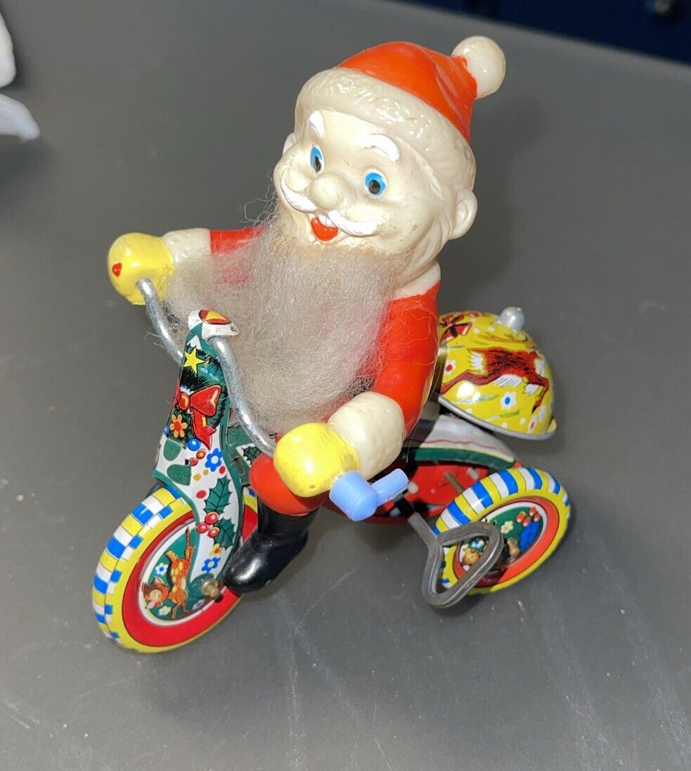 Vintage SANTA ON TRICYCLE Tin Litho Wind-Up Toy. *MADE IN JAPAN* Works Great