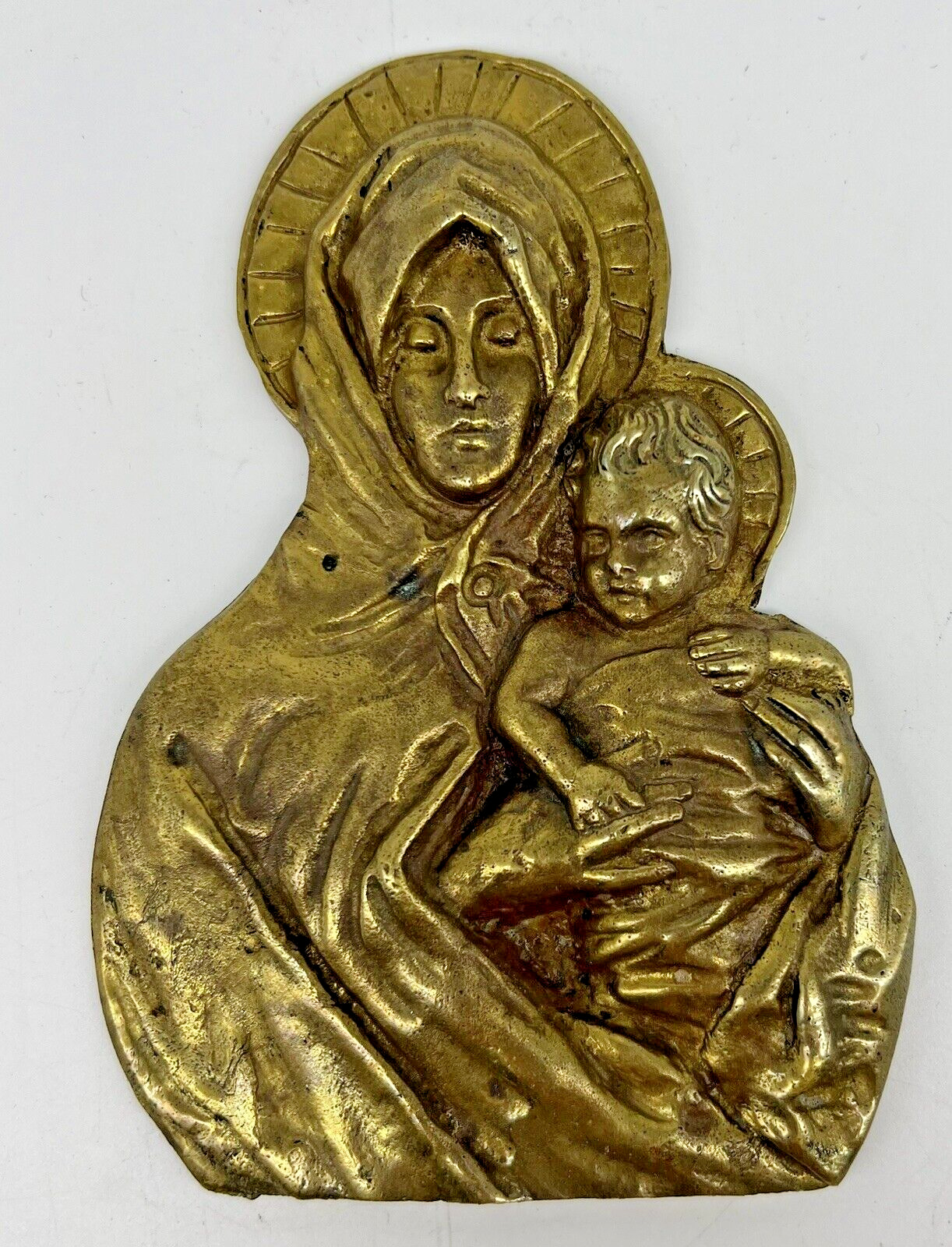 Brass Madonna Virgin Mother Mary Holding Baby Jesus Wall Hanging 4\