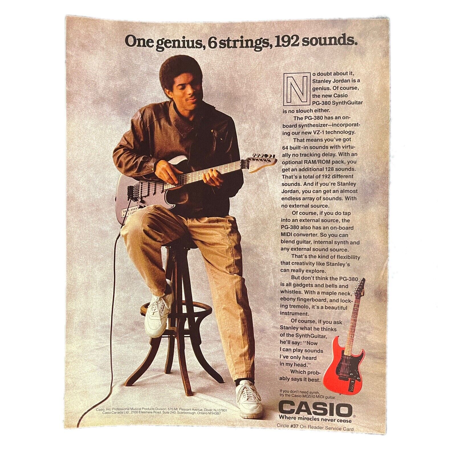 Casio PG-380 SynthGuitar Vintage 80s Print Ad Jazz Music Stanley Jordan MIDI