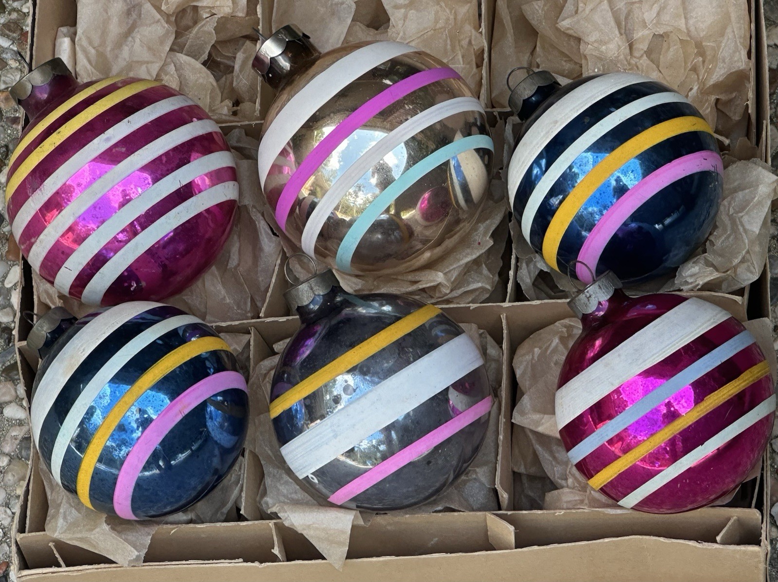 VTG Corning Shiny Brite Made In US Of A Stripes Glass Christmas Ornaments VTG Corning Shiny Brite Made In US Of A Stripes Glass Christmas Ornaments