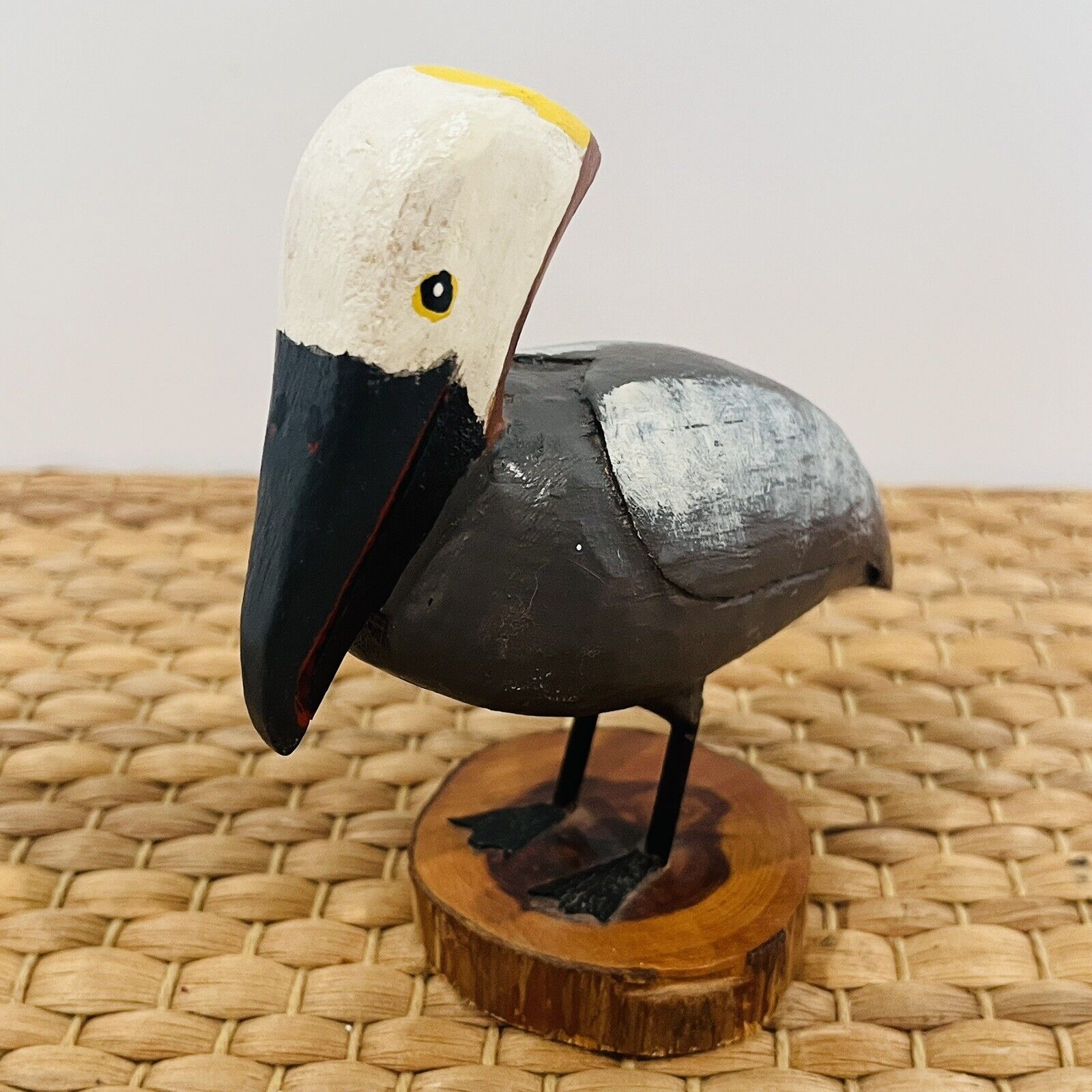 J M Burns Folk Artist Signed Hand Made Vintage Pelican Wood Carving 1981 Duxbury