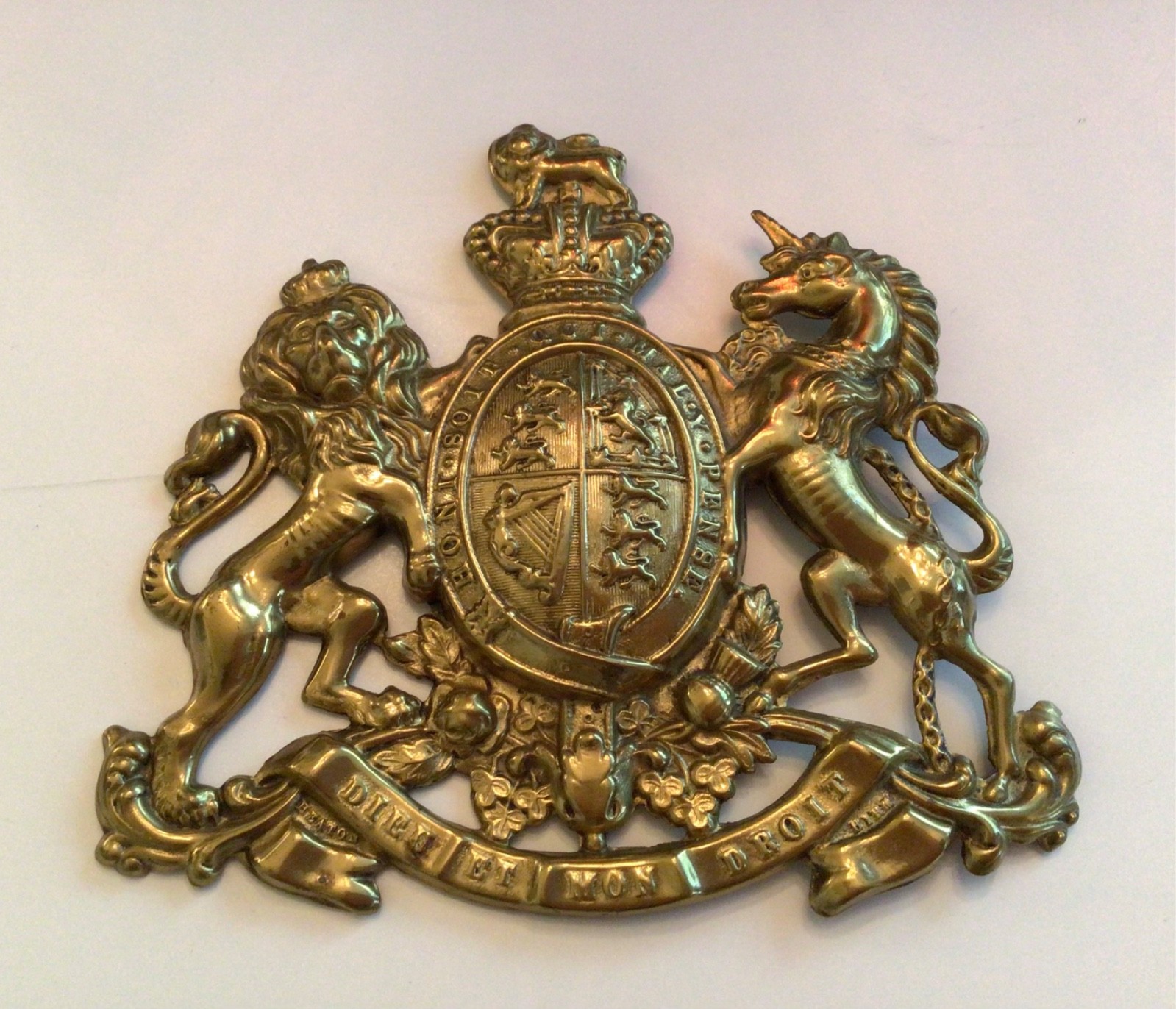 Antique 19th C Brass Plaque Coat Of Arms United Kingdom British Military Vtg Antique 19th C Brass Plaque Coat Of Arms United Kingdom British Military Vtg