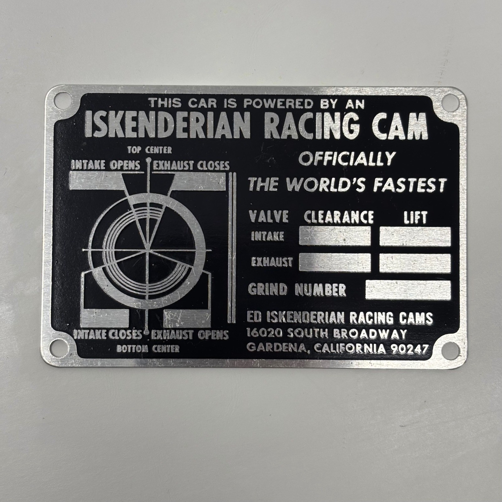 Vintage Iskenderian Racing Cams Dash Plaque Timing Tag Hot Rod Gardena CA Vintage Iskenderian Racing Cams Dash Plaque Timing Tag Hot Rod Gardena CA