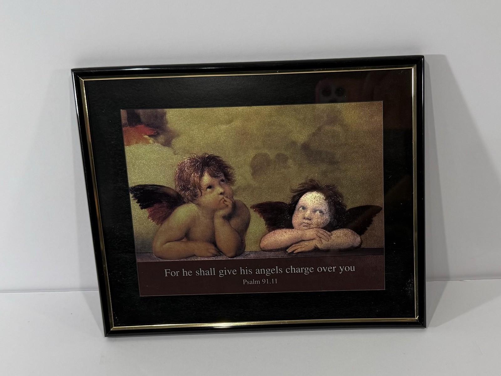 Framed Raphael Sistine Madonna Cherub Angels Print Bible Verse Psalm 91:11 