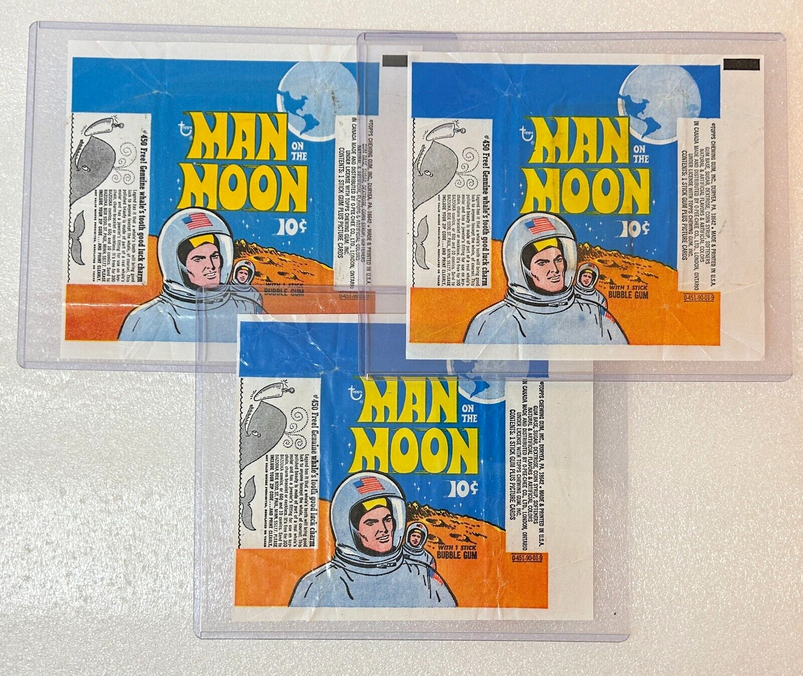 Three 1969 TOPPS Original Man on the Moon 10 Cent Bubble Gum Wax Pack Wrappers