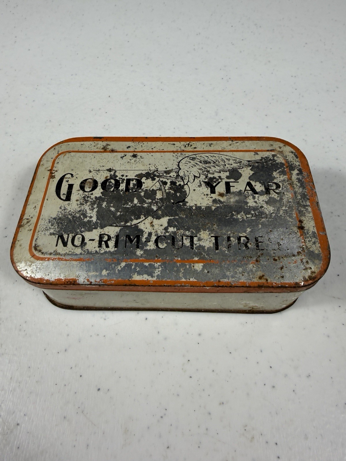 Vintage Goodyear No Rim Cut Tire Advertising Tin Early Automobilia Tool Box Vintage Goodyear No Rim Cut Tire Advertising Tin Early Automobilia Tool Box