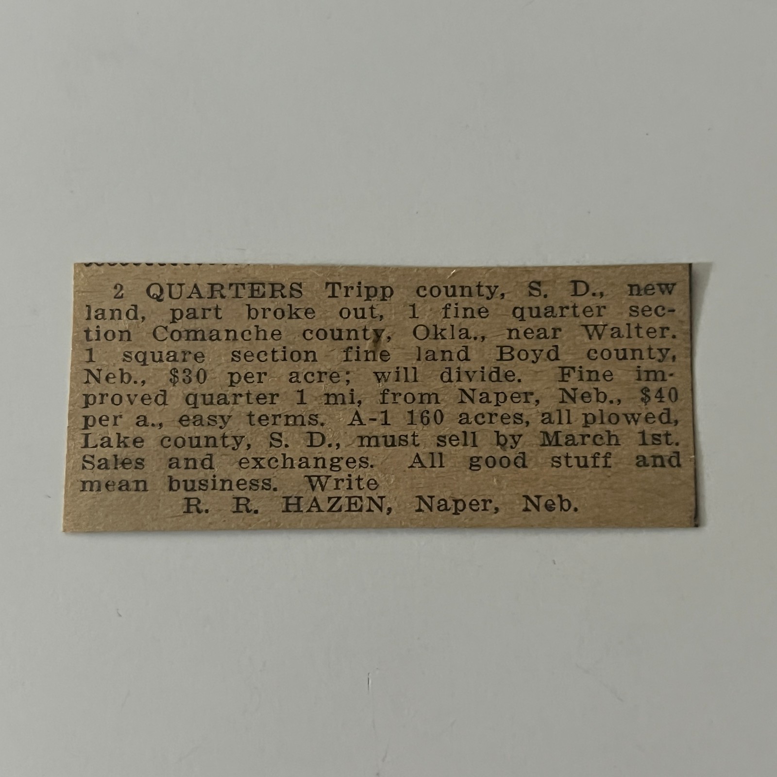 New Land Part Broke Out Easy Terms RR Hazen Naper NE 1912 Clipping TAJ5-S17 New Land Part Broke Out Easy Terms RR Hazen Naper NE 1912 Clipping TAJ5-S17