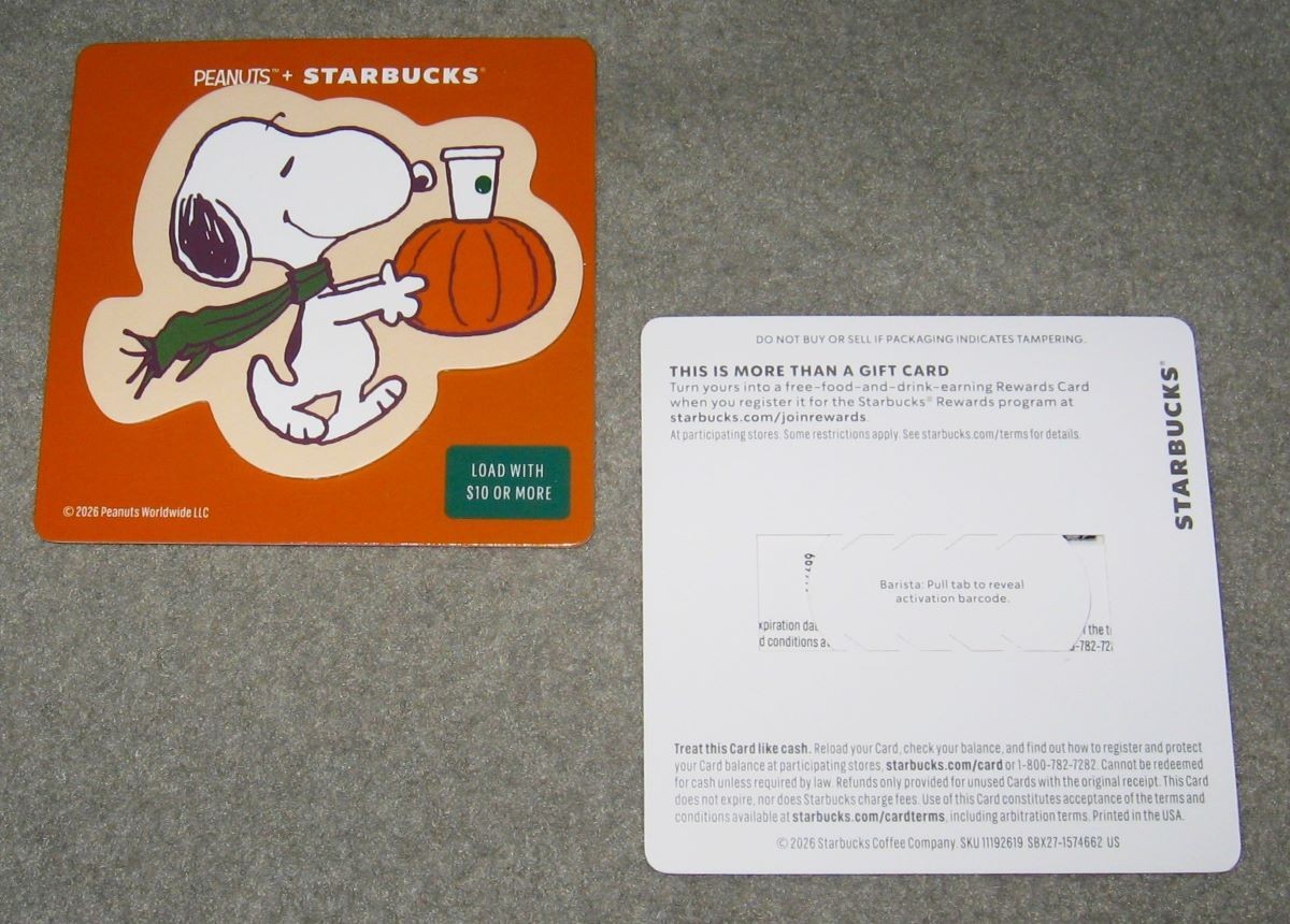 STARBUCKS 2026 + PEANUTS - DIE CUT SNOOPY PUMPKIN DRINK GIFT CARD - #6353 - NEW