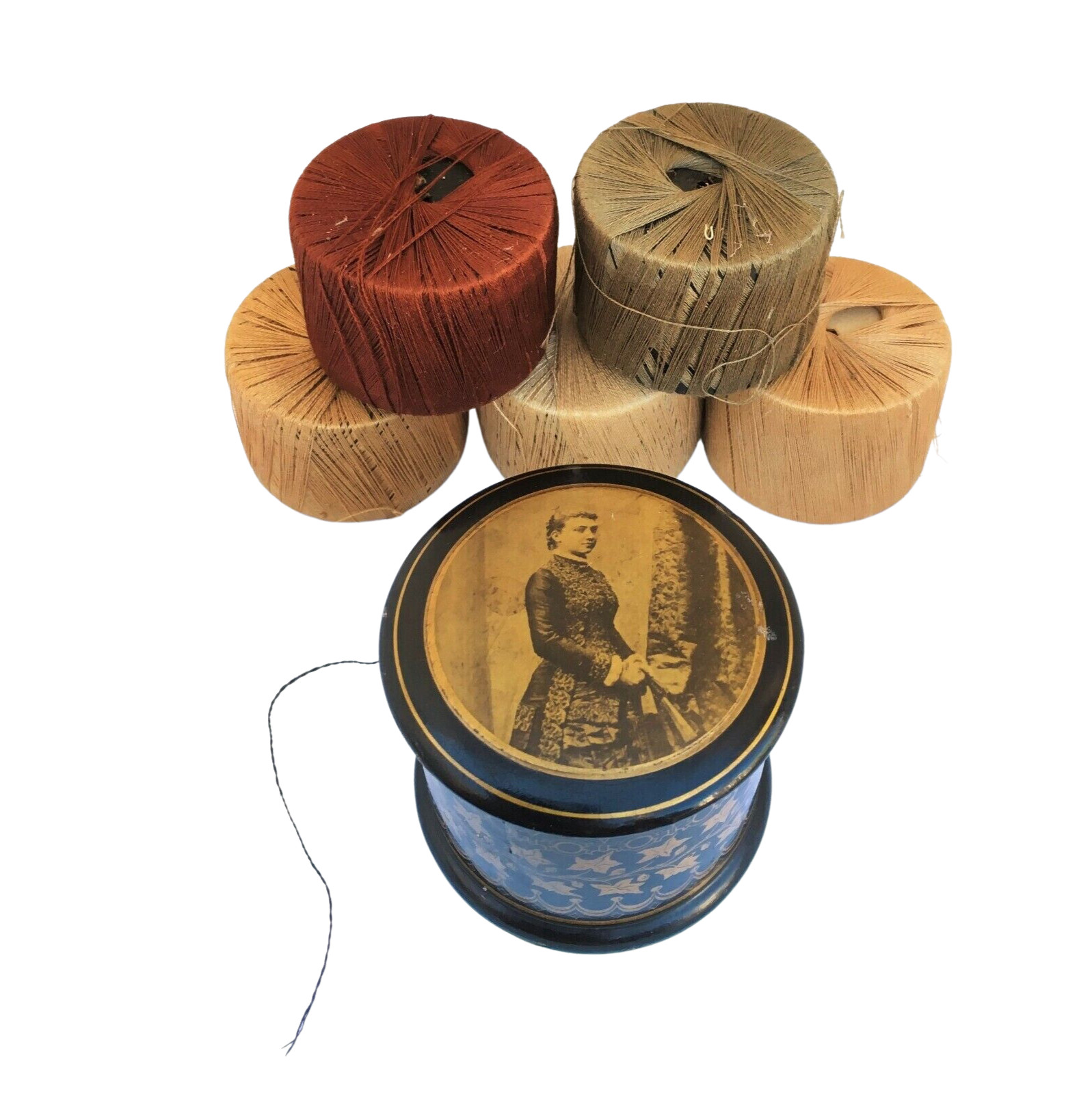 c. 1860-80s Lacquered Papier Mache Thread Box with Gilding & Albumen Portrait c. 1860-80s Lacquered Papier Mache Thread Box with Gilding & Albumen Portrait