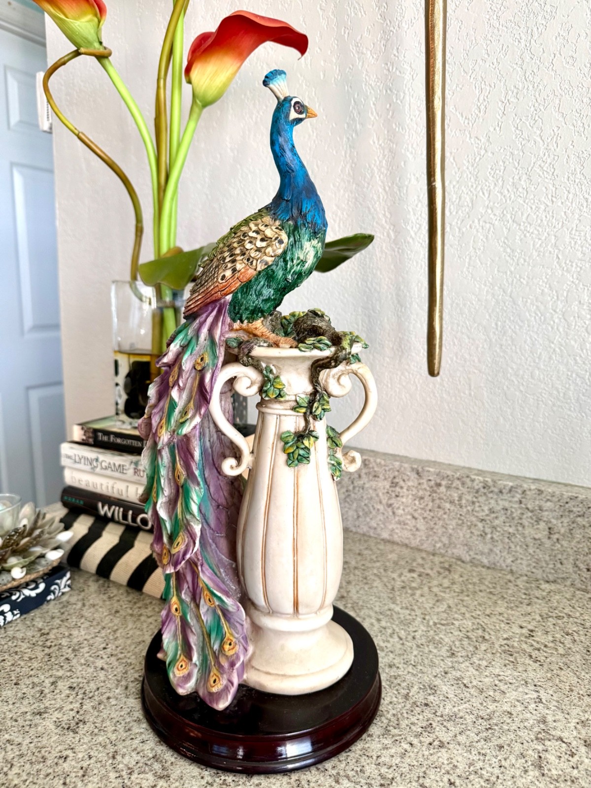 The Crosa Collection Peacocks Sanctuary Statute Art Blue Green Wood Pedestal The Crosa Collection Peacocks Sanctuary Statute Art Blue Green Wood Pedestal