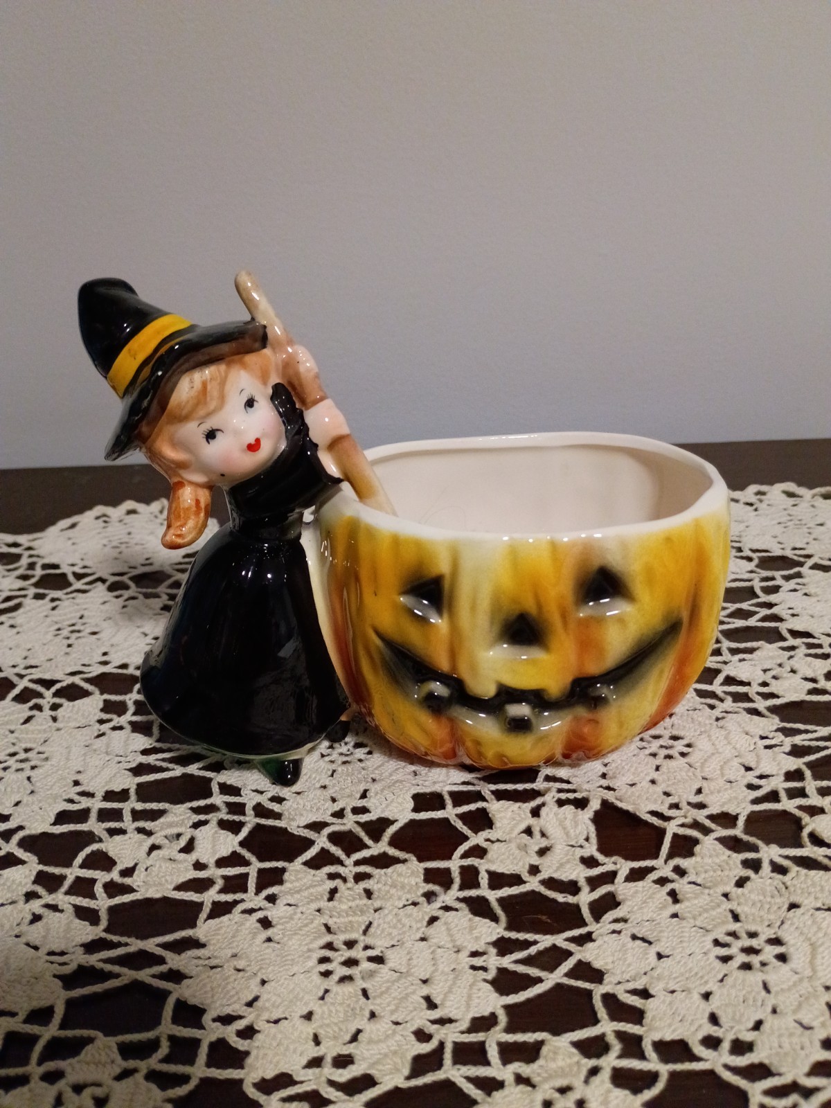 Vtg Relpo Halloween Witch Pumpkin Planter/Candleholder W/Label Near Mint Cond.
