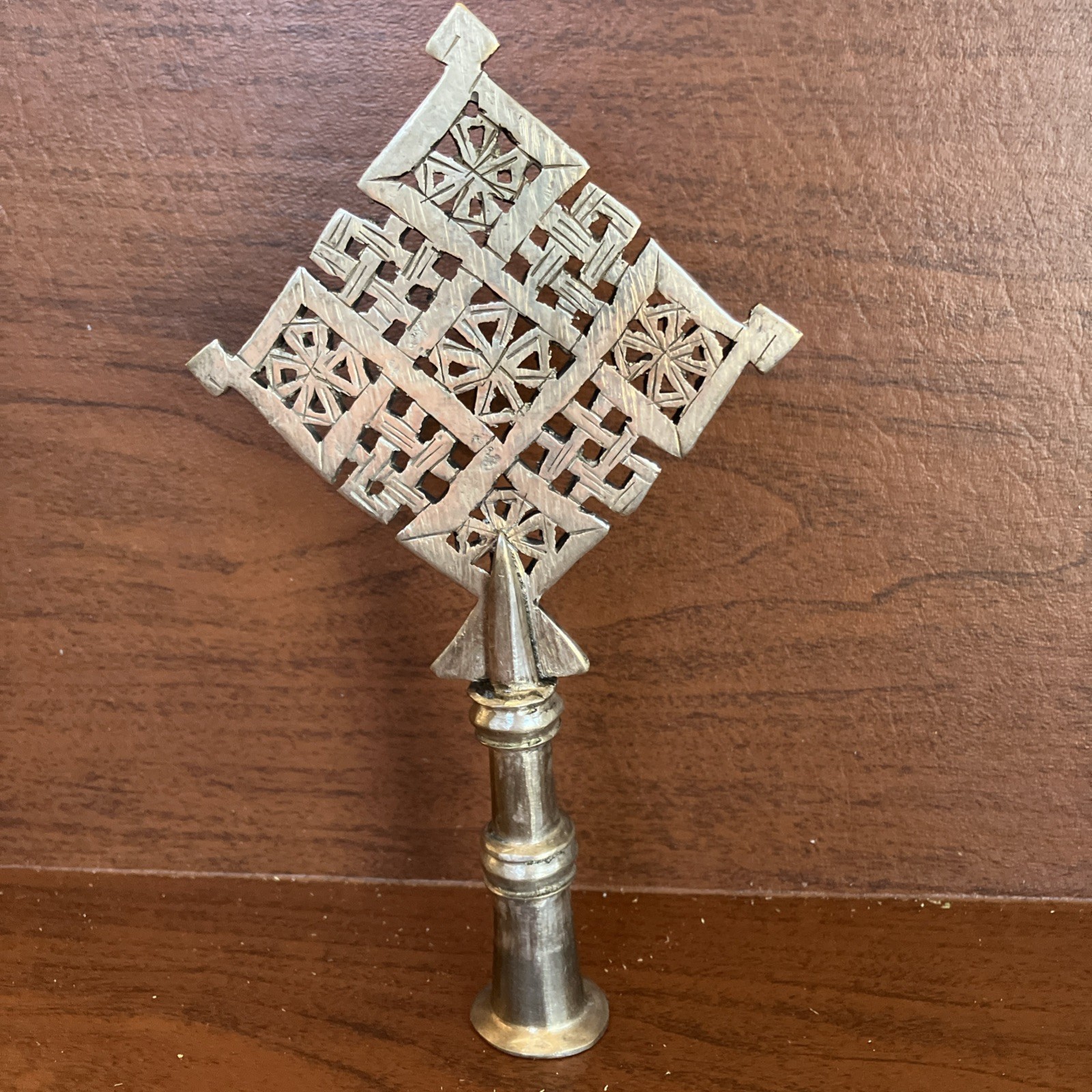 Hand Crafted Ethiopian Orthodox Coptic Golden Processional Cross Religious Art