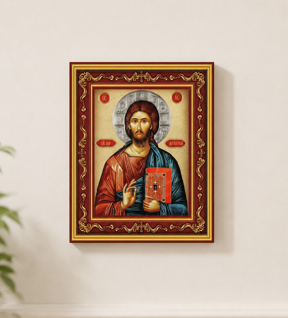 Orthodox Christ the Teacher Burgundy Wooden Framed Icon with Cross Details