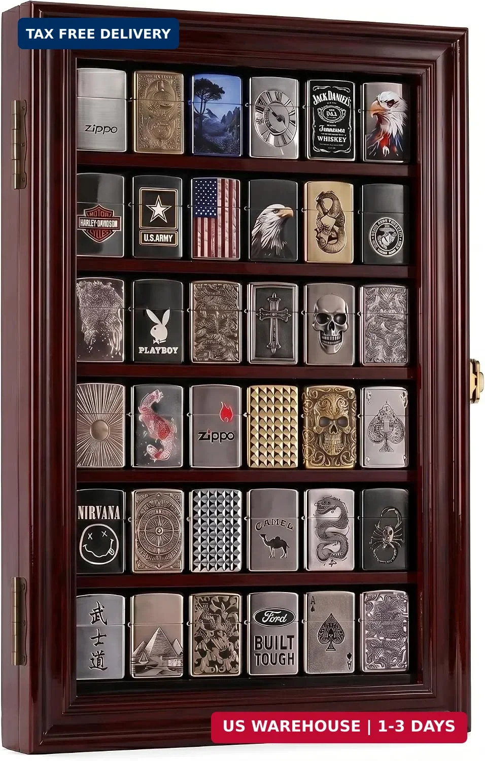 36 Lighter Display Case with Solid Pine, Finish Shadow Box for Zippo, Military, 36 Lighter Display Case with Solid Pine, Finish Shadow Box for Zippo, Military,