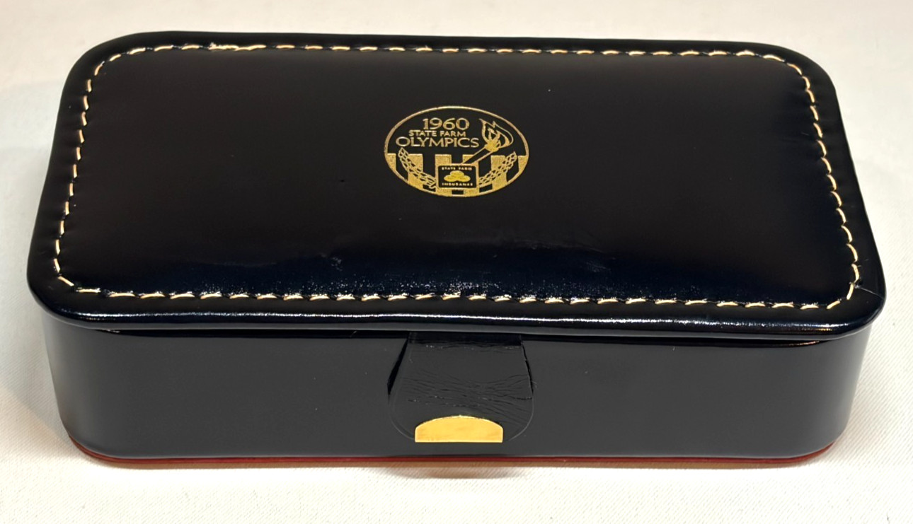 Vintage 1960 State Farm Olympics Black Leather Presentation Box Case 7x4" USA