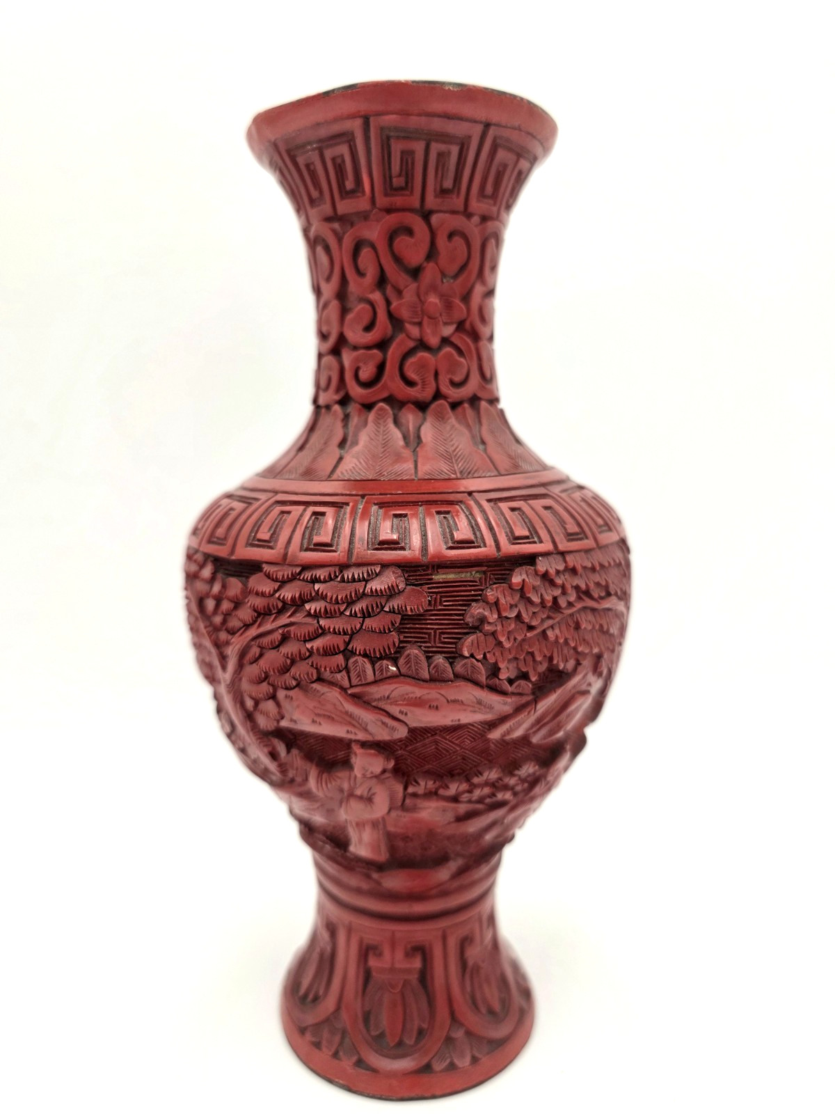 Chinese Carved Red Lacquer Vase Scenic Figures Floral Cinnabar Style VTG 8"