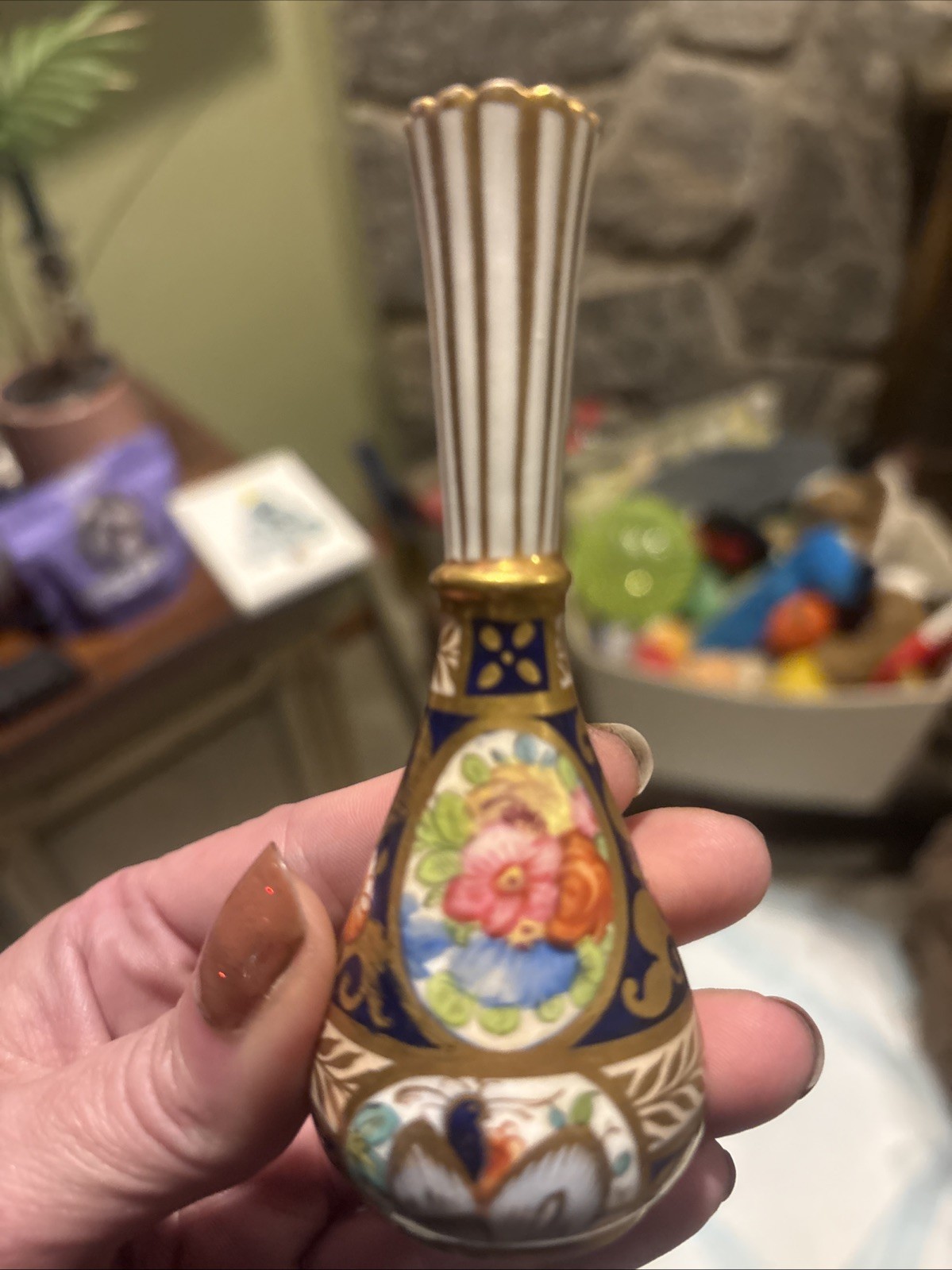 Antique Crown Staffordshire England 4.25” Miniature Vase Cobalt Gold Floral