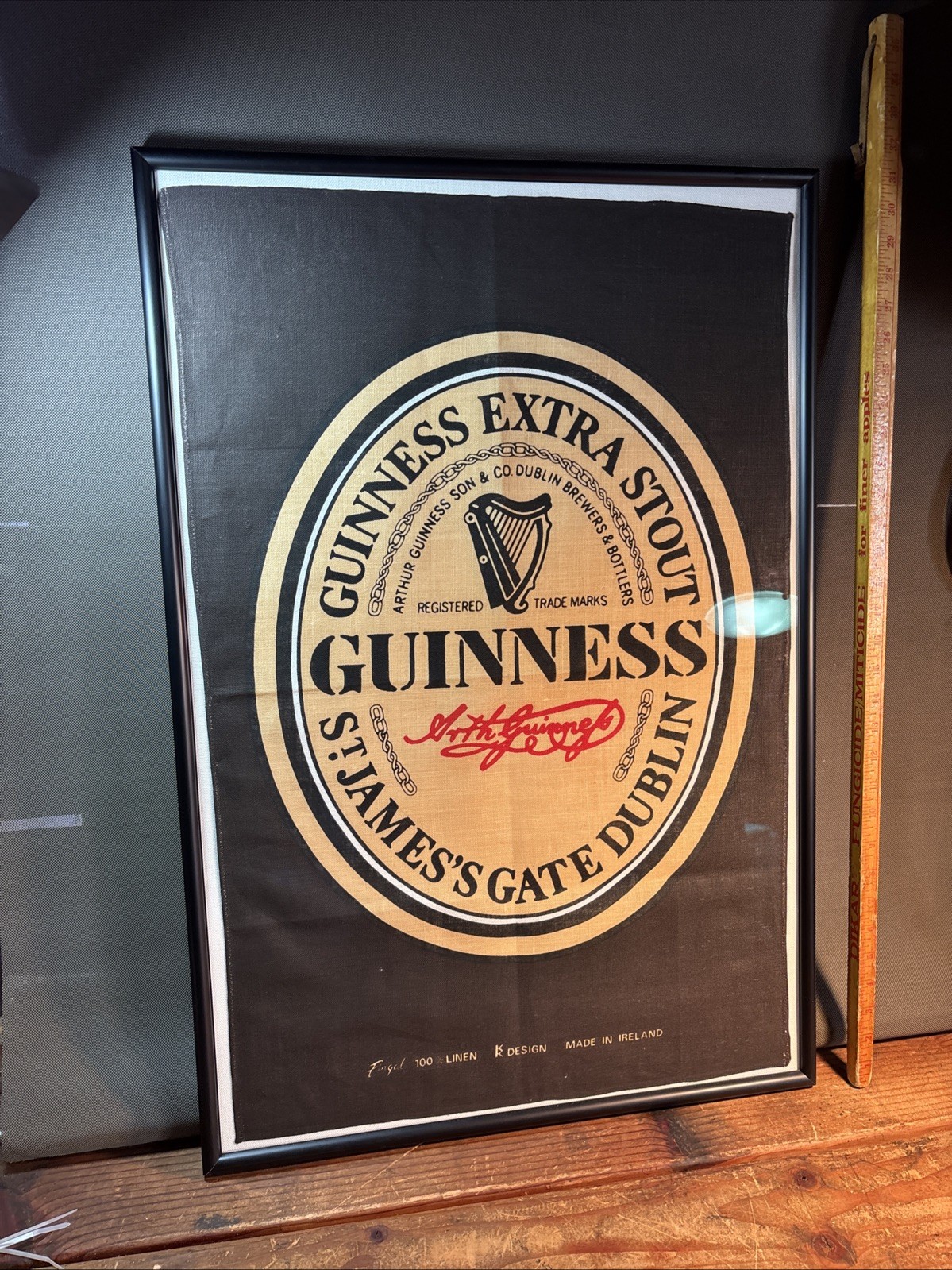 Vintage Linen 1980’s Guiness Stout Beer Fabric Ireland Flag Framed Glass 21"X31"