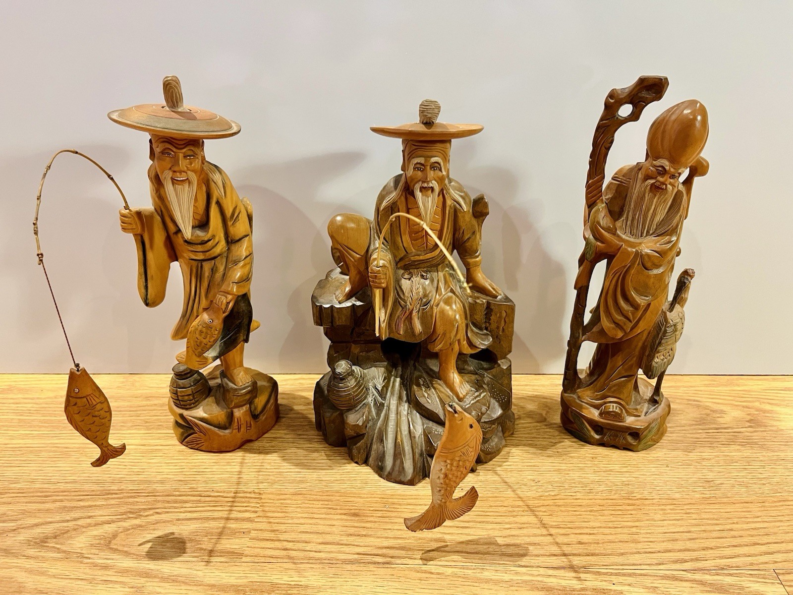 Vintage Hand Carved Wood Asian Fishermen Elder Statues 10” Set of 3 Figurines Vintage Hand Carved Wood Asian Fishermen Elder Statues 10” Set of 3 Figurines