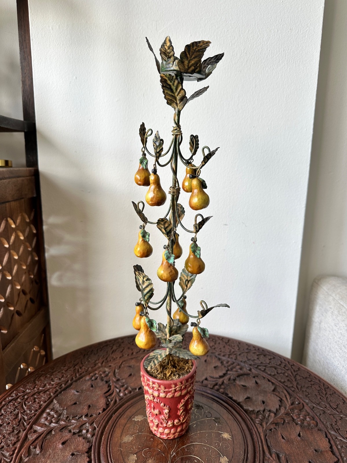 Vintage Tole Painted Metal Pear Tree Candle Holder Ceramic Fruit Italian Style Vintage Tole Painted Metal Pear Tree Candle Holder Ceramic Fruit Italian Style