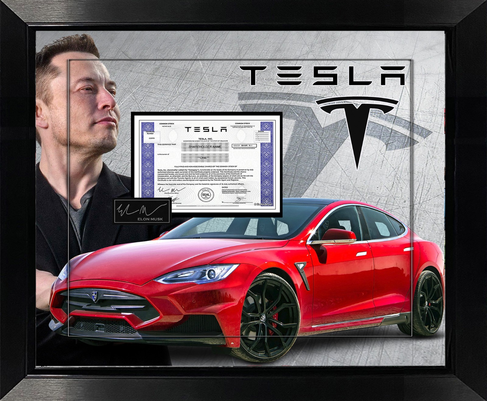 Tesla Stock Certificate Framed Display – 25” x 29” – Elon Musk & Model S Artwork Tesla Stock Certificate Framed Display – 25” x 29” – Elon Musk & Model S Artwork