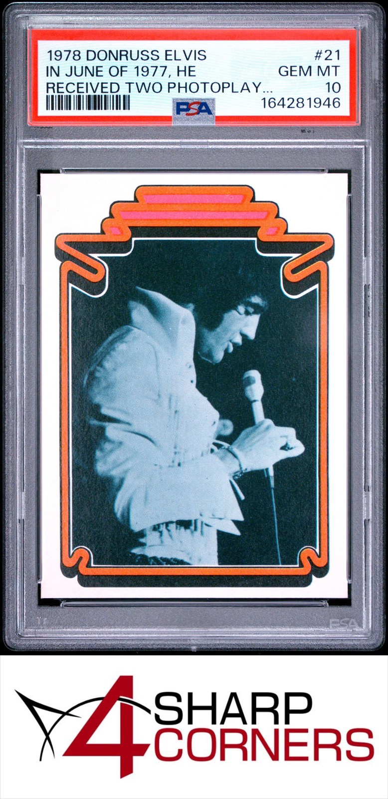 1978 DONRUSS ELVIS PRESLEY #21 JUNE 1977 TWO PHOTOPLAY GOLD MEDALS PSA 10 1978 DONRUSS ELVIS PRESLEY #21 JUNE 1977 TWO PHOTOPLAY GOLD MEDALS PSA 10