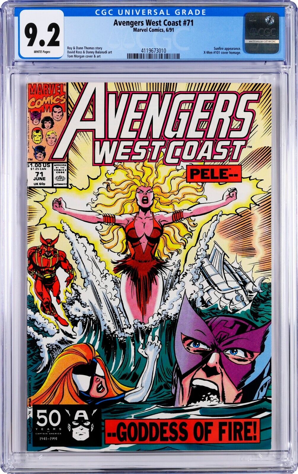 Avengers West Coast #71 CGC 9.2 (Jun 1991, Marvel) Tom Morgan Cover, Sunfire app