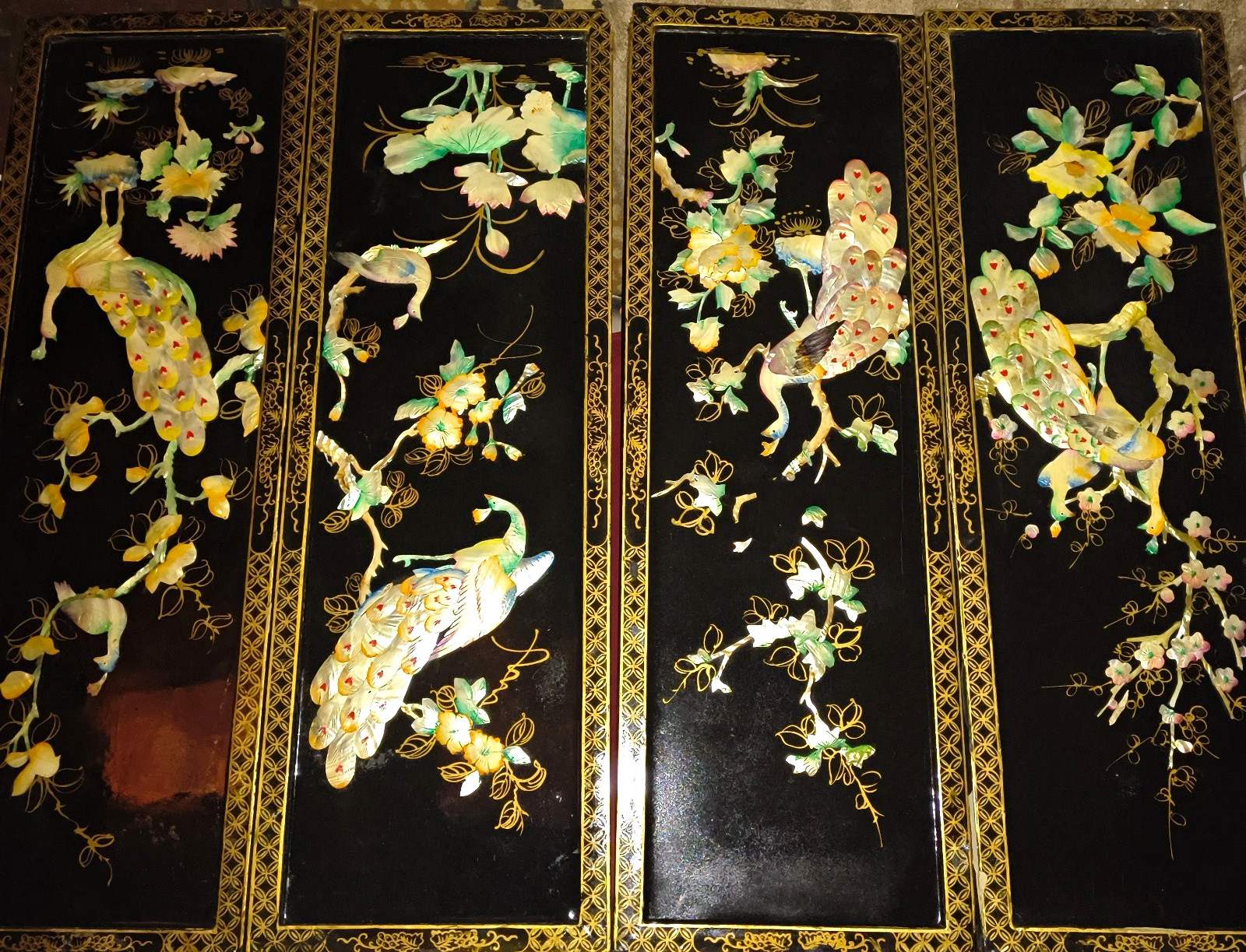 Antique Asian Chinese Black Lacquer 4 Panels Mother of Pearl Inlay–(36"×12")