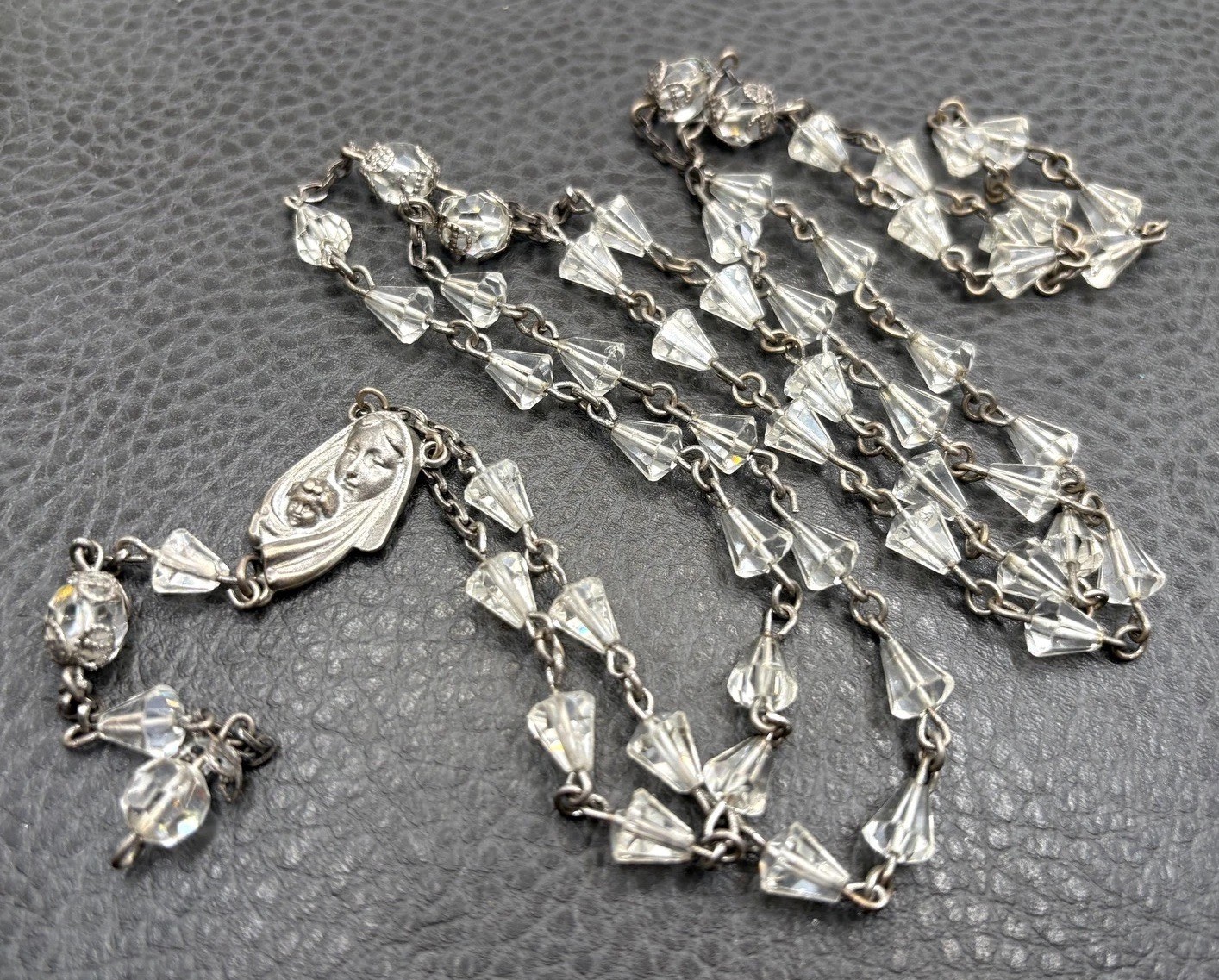 Vintage Sterling Silver Madonna Virgin Mary Clear Crystal Bead Rosary READ