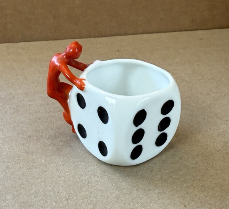 ROYAL BAYREUTH Devil & Dice Porcelain Demitasse Cup / Toothpick Bavaria Germany ROYAL BAYREUTH Devil & Dice Porcelain Demitasse Cup / Toothpick Bavaria Germany