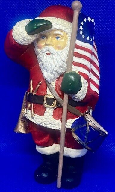 Vintage Patriotic Santa Saluting American Flag, Drum & Bugle Christmas Ornament