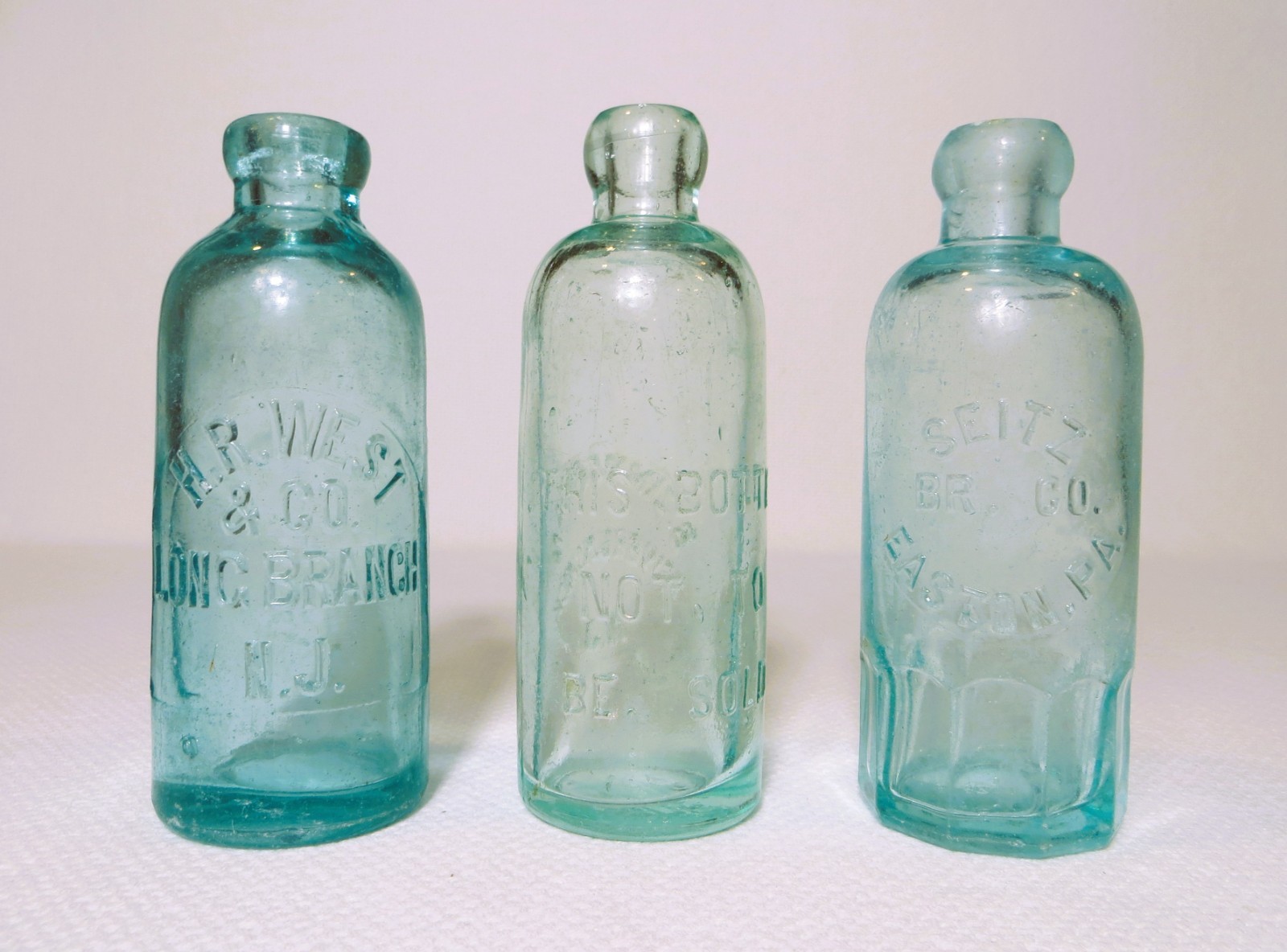 3 Antique Clear Aqua tinted Soda Blob top Bottles