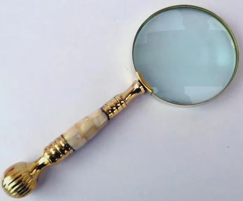 Vintage Brass Magnifying Glass: Mother of Pearl Handle, Map Reading gift for eve Vintage Brass Magnifying Glass: Mother of Pearl Handle, Map Reading gift for eve