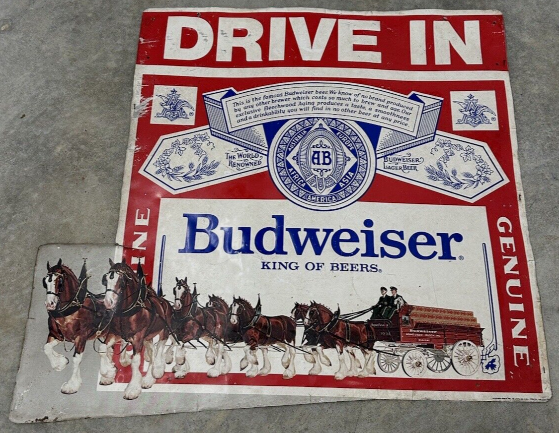 Vintage Large Budweiser Advertising Drive In Sign Metal Tin Clydesdales