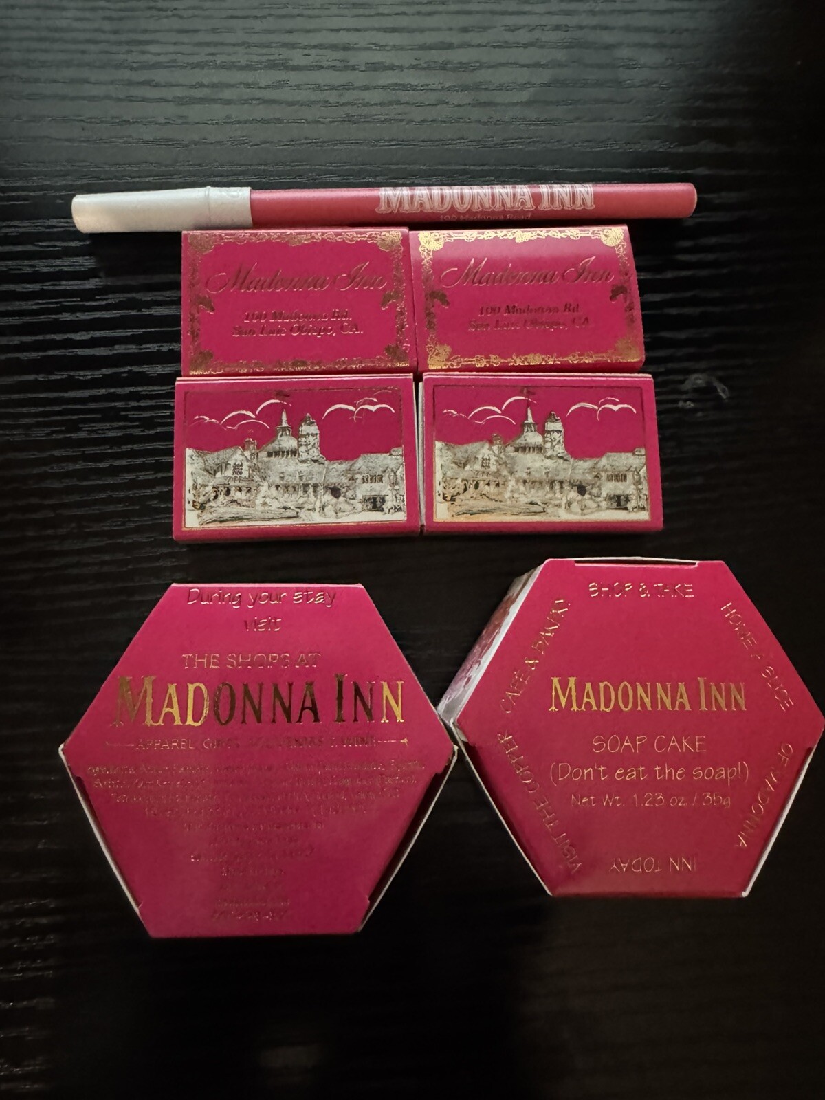 Madonna Inn, San Luis Obispo, CA, 4 Full Unstruck Matchbox, 2 Soap Cakes, 1 Pen