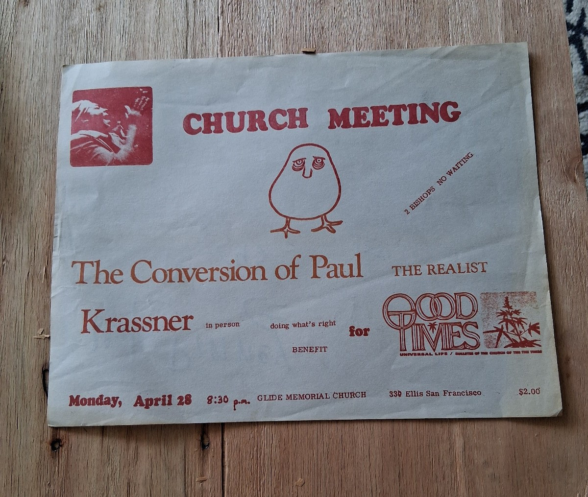 PAUL KRASSNER Church Meeting/Good Times 4/28/1967 flyer San Francisco REALIST PAUL KRASSNER Church Meeting/Good Times 4/28/1967 flyer San Francisco REALIST