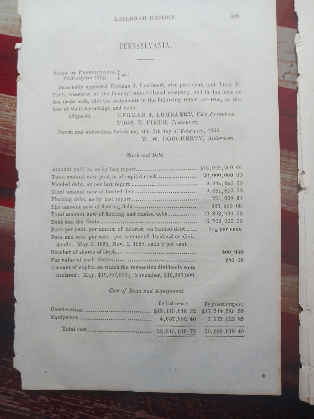 1865 Train Report PENNSYLVANIA RAILROAD COMPANY info On Branches & Freight 