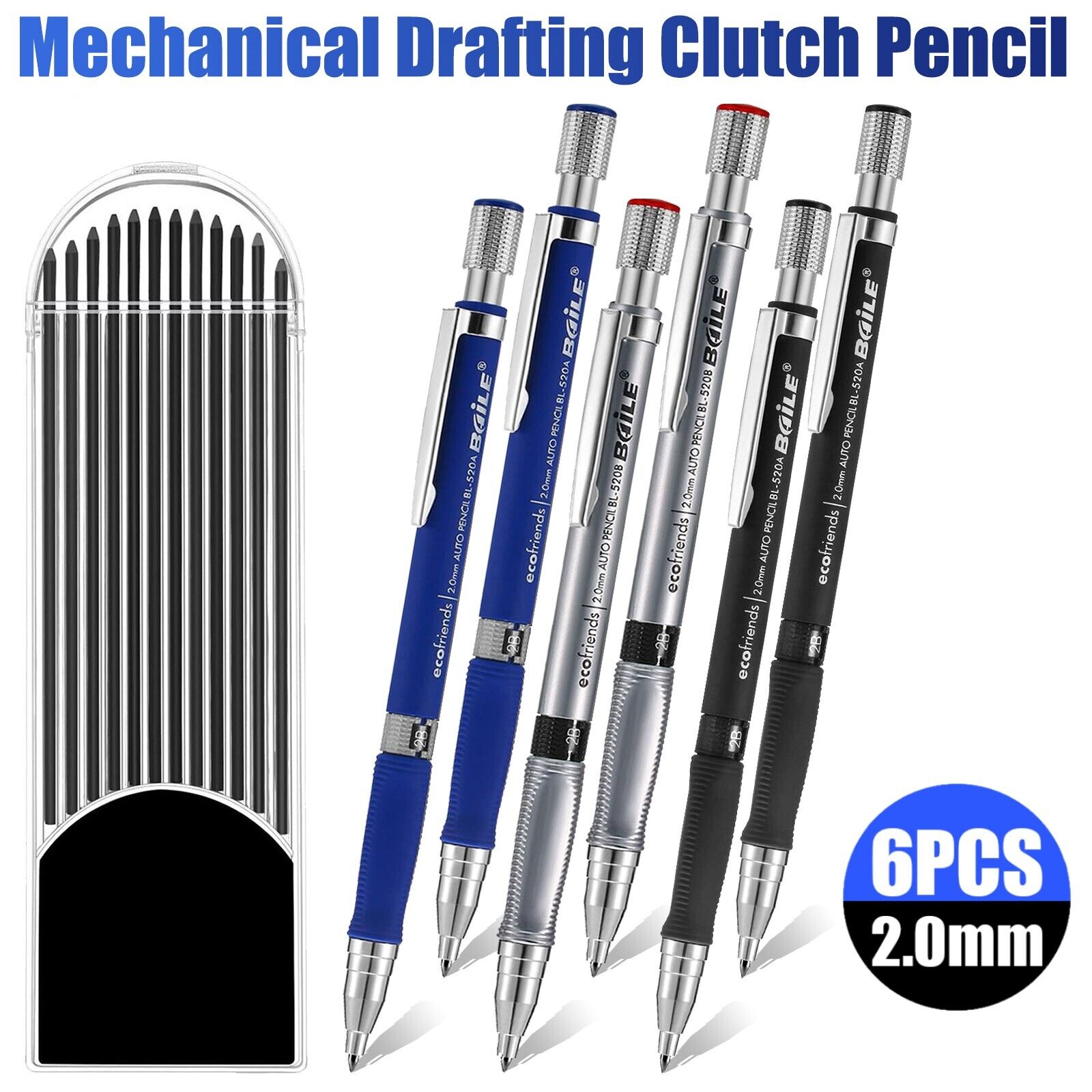 6 Pack 2.0mm Mechanical Pencil W/ 12 Pack 2B Lead Refills for Drawing Sketching