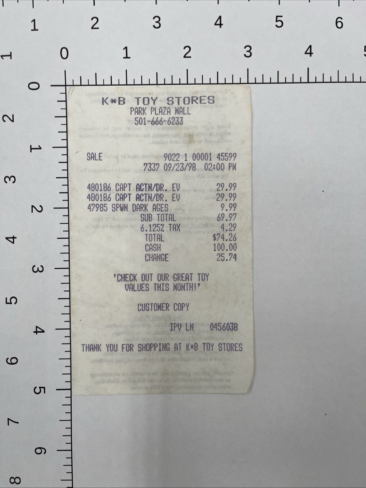 Vintage 1998 KB Toy Store Receipt Park Plaza Mall Little Rock Arkansas Spawn K B Vintage 1998 KB Toy Store Receipt Park Plaza Mall Little Rock Arkansas Spawn K B
