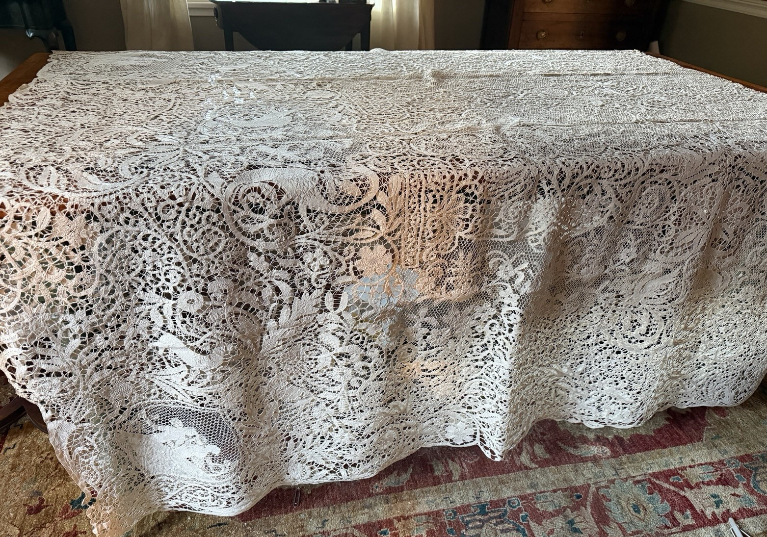 ANTIQUE NET LACE BOBBIN FIGURAL TABLECLOTH FIGURES DEER BIRDS BANQUET 64" X 130" ANTIQUE NET LACE BOBBIN FIGURAL TABLECLOTH FIGURES DEER BIRDS BANQUET 64" X 130"