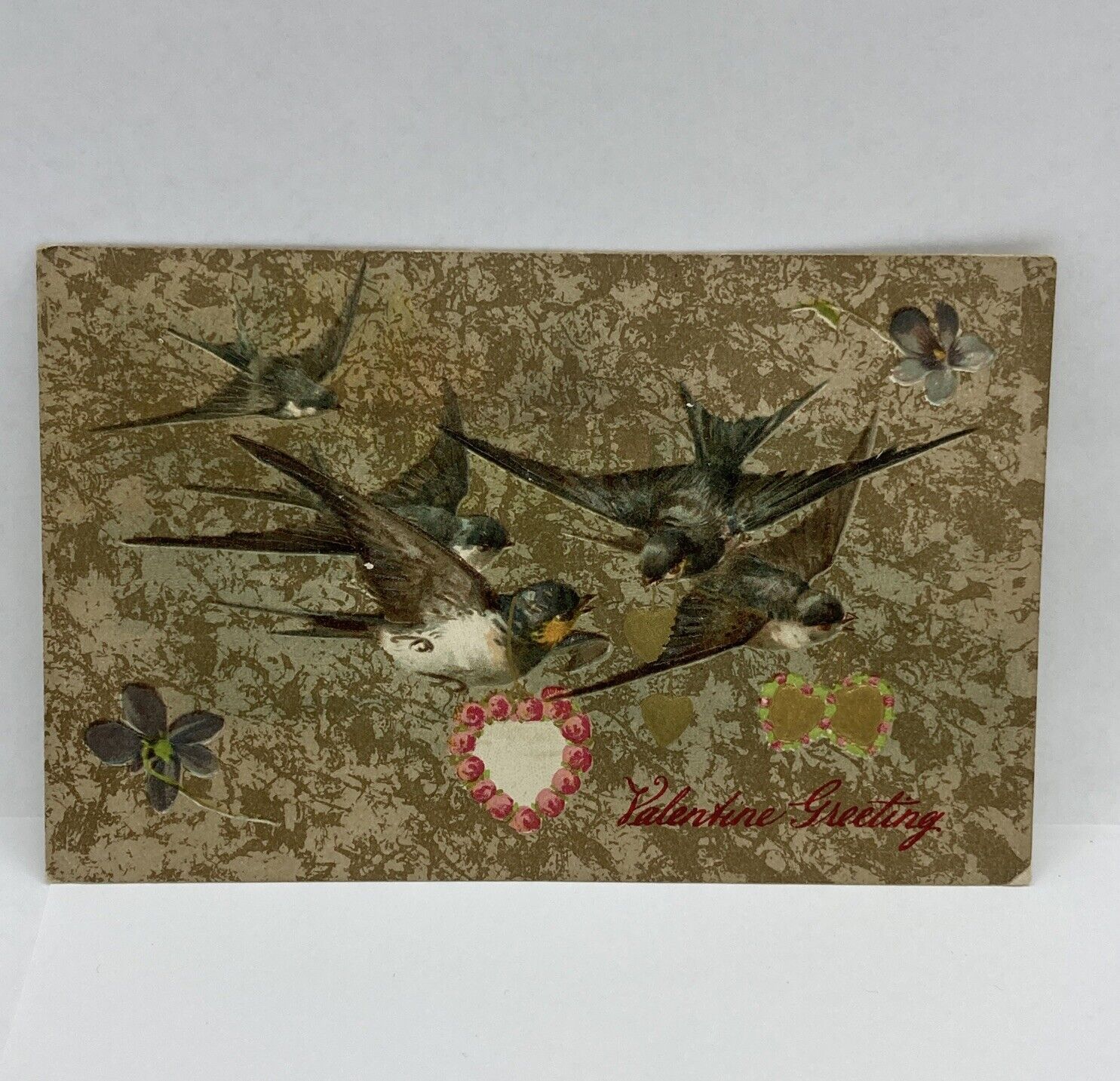 VINTAGE EMBOSSED VALENTINE\'S POSTCARD BIRDS CARRYING FLOWER Posted 1909