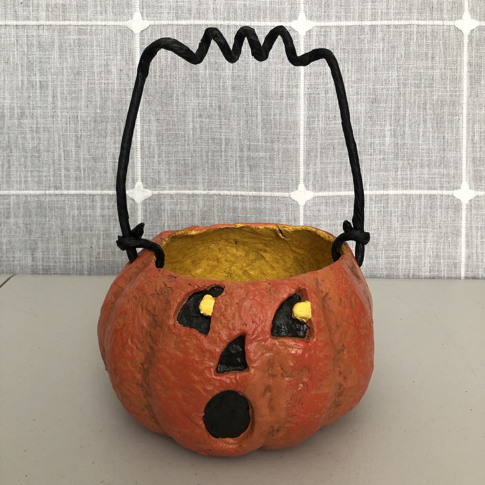 Vintage Halloween Paper Mache Pumpkin Jack O Lantern Candy Pail Container Vintage Halloween Paper Mache Pumpkin Jack O Lantern Candy Pail Container