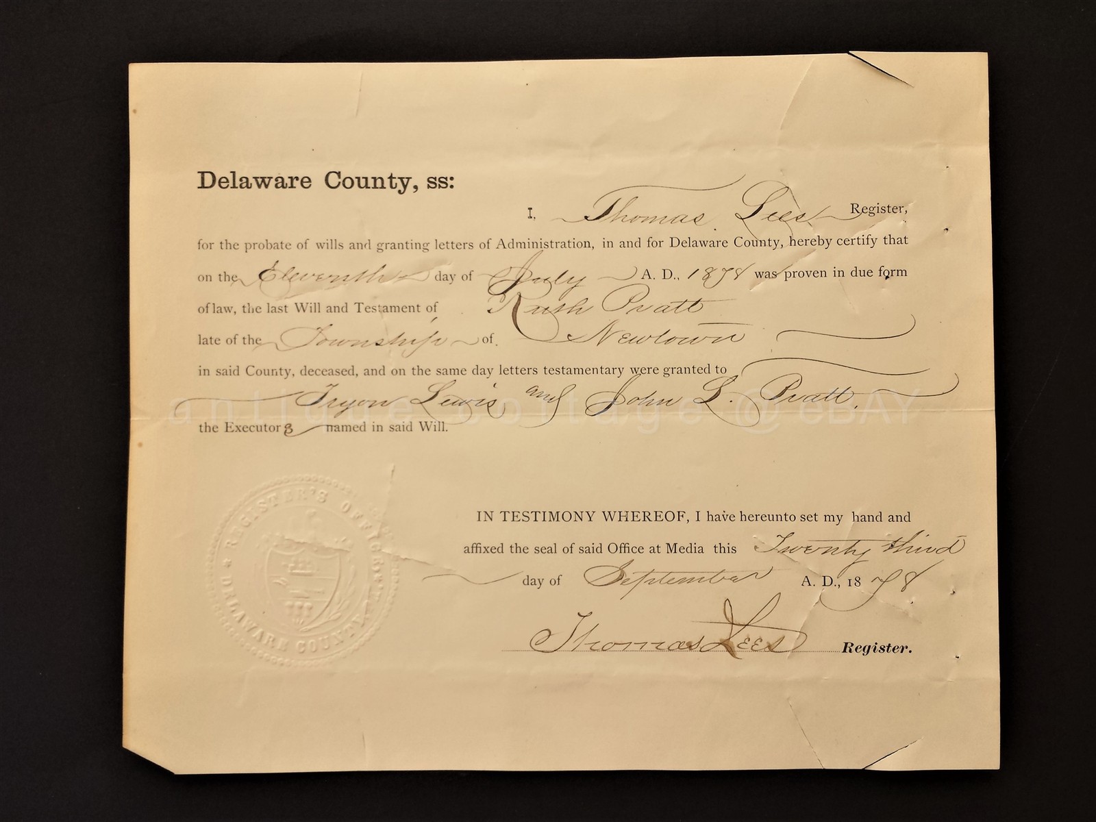 1878 antique MEDIA PA LEGAL DOC RUTH PRATT newtown LEWIS & PRATT delaware county