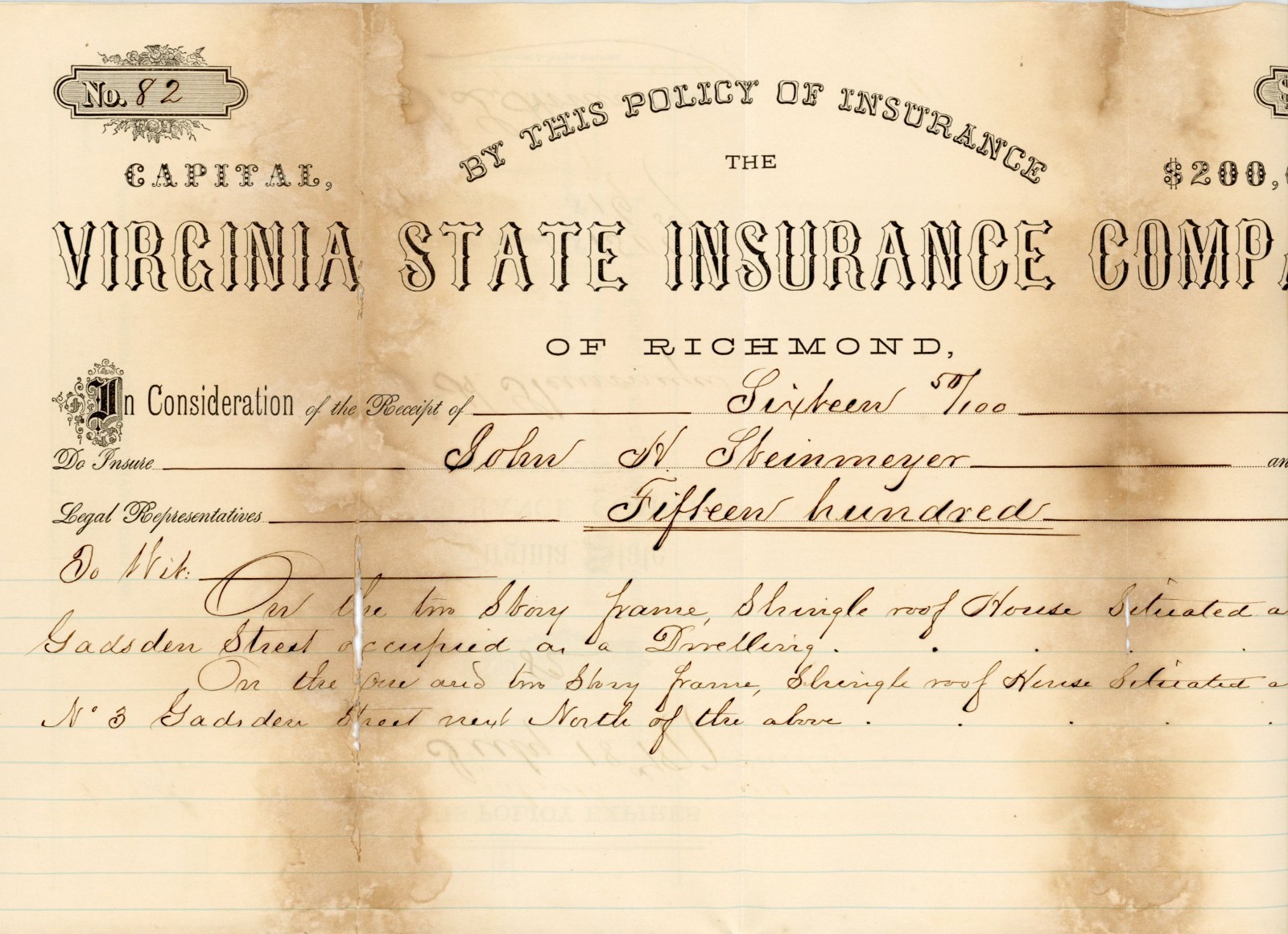 1876 Charleston SC Fire Insurance Policy Virginia State John H Steinmeyer Signed 1876 Charleston SC Fire Insurance Policy Virginia State John H Steinmeyer Signed