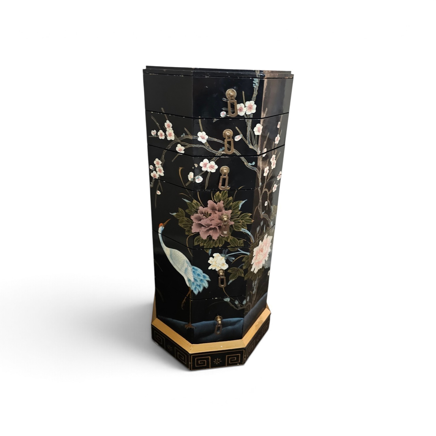 Vintage Chinese Black Lacquer Jewelry Armoire Chest Hand Painted Birds Flowers