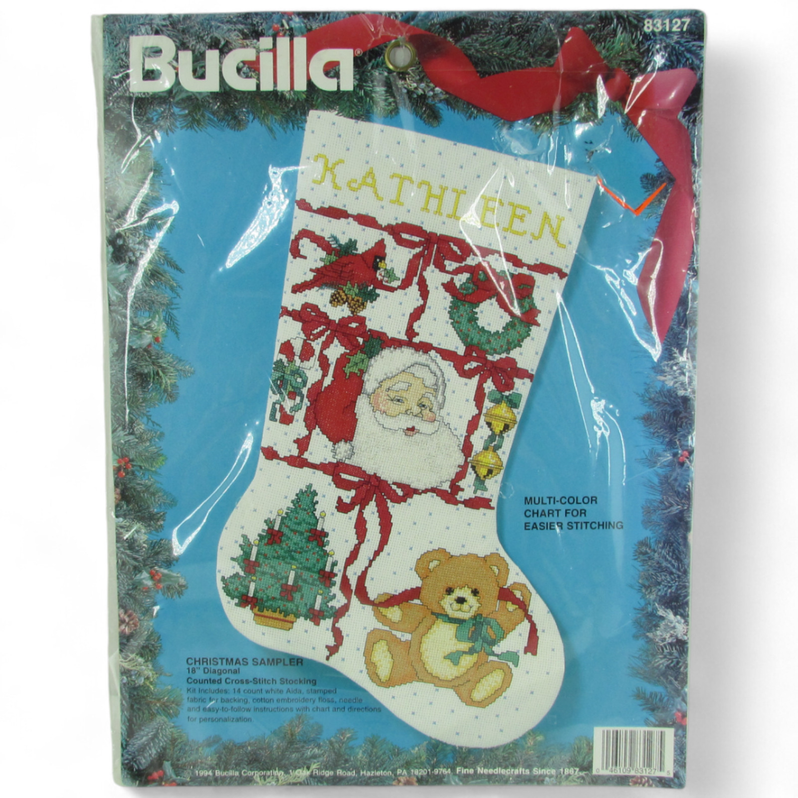Vintage Bucilla Christmas Stocking Kit Sampler Santa Teddy Bear 83127 Cross